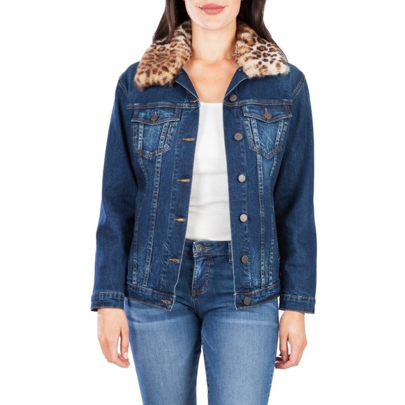 🆕KUT from the Kloth Jean Jacket Denim Blue Leopard Collar Small - Picture 2 of 11